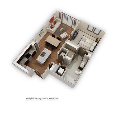 Floor plan for 1 bed, 1 bath, 736 sqft